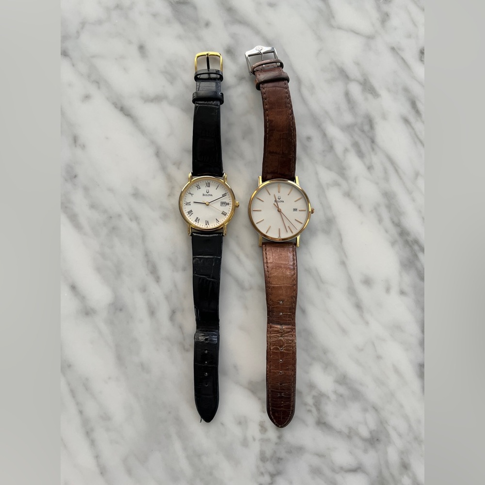 Men’s  Bulova Leather Watch Lot Set Brown Black Vintage Bundle